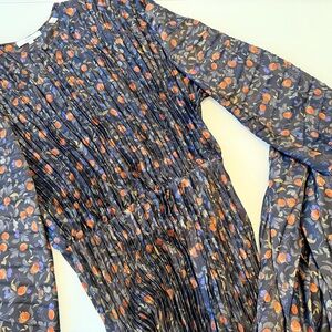 Vince Pleated Long Sleeve Dress in with Orange pomegranates
